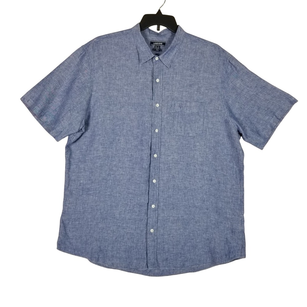 Lands End Button Down Shirt Mens XL/T Blue 100% Linen Short Sleeve Fit
